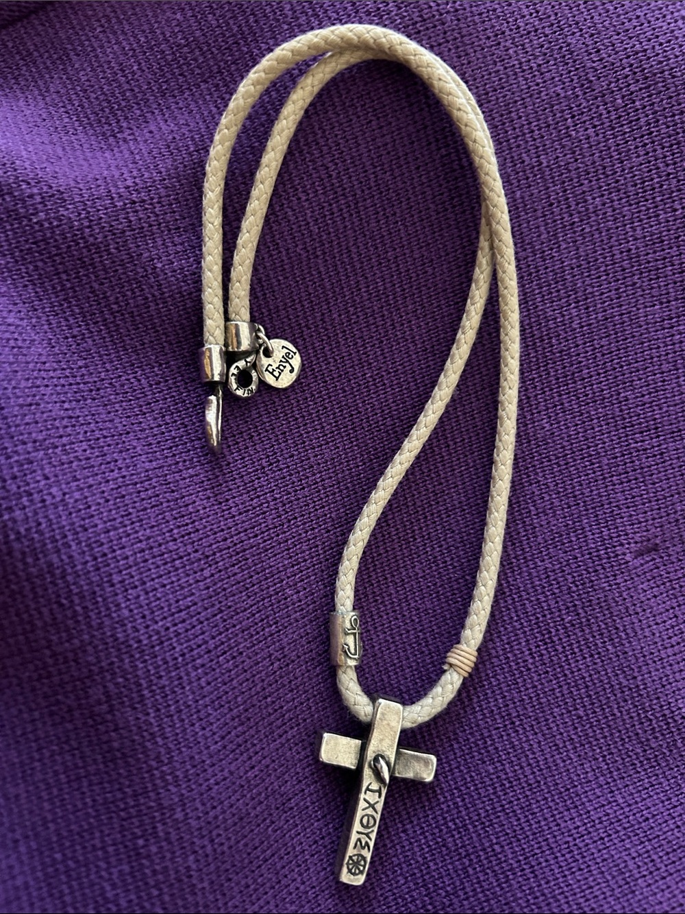 Beige Cord Necklace with Silver Cross Pendant 19”.